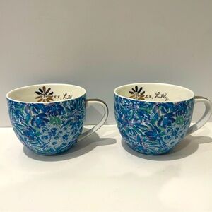 Lily Pulitzer Mugs Teal Blue Gold Signed Hidden Cat Face Set of 2